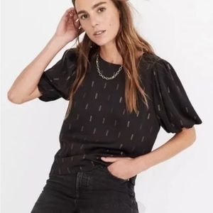 Madewell Black and gold Jacquard Puff Sleeve Top